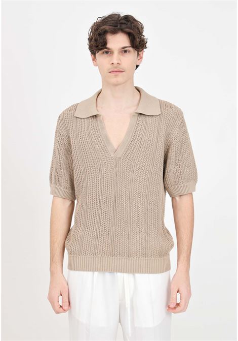 Beige men's polo shirt with perforated texture and loose knit IM BRIAN | MA28050025
